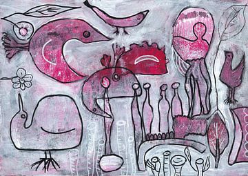 Abstrakte Vögel in Rot und Weiß malen