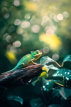 Green chameleon on tree trunk by Poster Art Shop