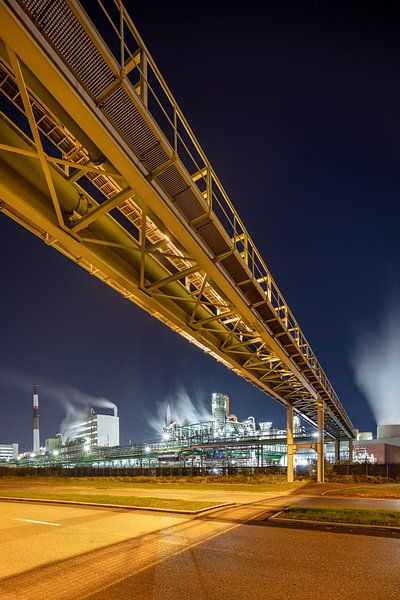 Pipeline bridge with petrochemical factory at night, Antwerp 2 by Tony Vingerhoets