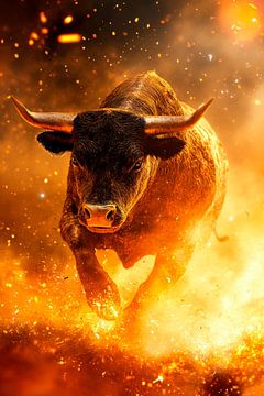 Stier in brand - Dramatisch van Poster Art Shop