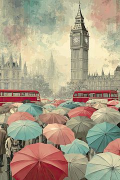 London Rain Umbrella Chaos – Vintage Retro Poster van BowiScapes abstract en digitale kunst