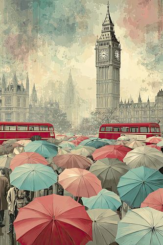 London Rain Umbrella Chaos – Vintage Retro Poster