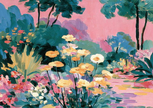 A colourful garden scene with yellow flowers against a pink sky