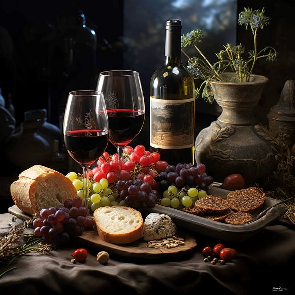 stilleven van wijn, kaas en brood par Gelissen Artworks