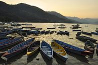 Boote und goldenes WasserNepal, Pokhara: Der Phewa-See und die umliegenden Vorgebirge, eine Landscha von Michael Semenov Miniaturansicht