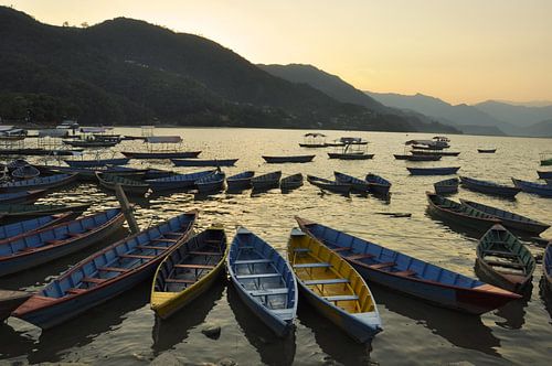 Boats and golden waterNepal, Pokhara: Lake Phewa and the surrounding foothills, a landscape in golde