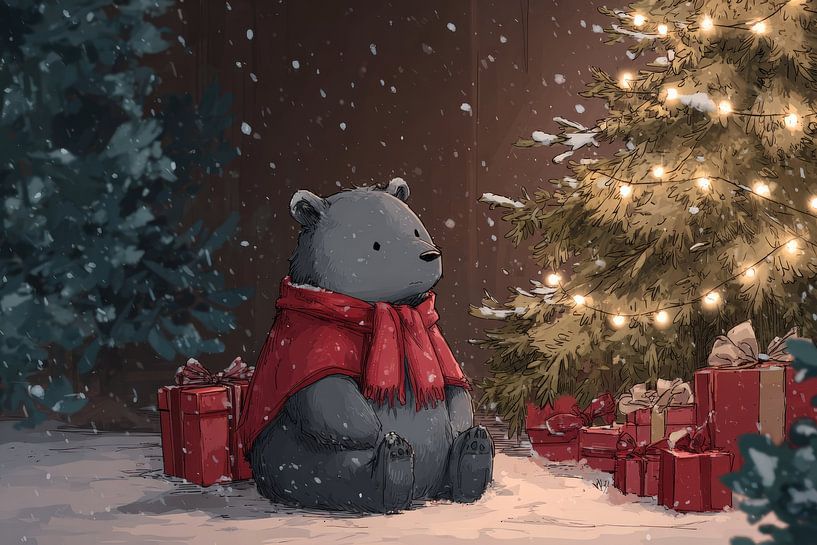 Bear at Christmas Tree Magical Moment in the Snow by Eva Lee