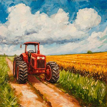 Rode tractor in het veld van Poster Art Shop