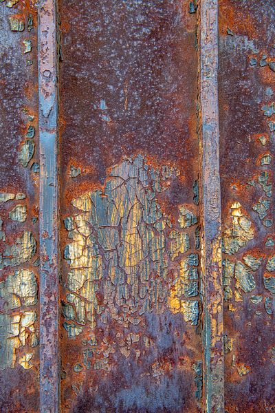 Gros plan sur une plaque métallique rouillée dont la peinture s'écaille. par Hanneke Luit