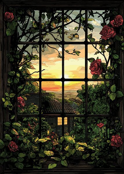 Vue romantique sur le jardin - roses et coucher de soleil par Pixelbull Design