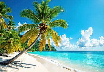 Tropische Strandszene mit Kokosnusspalme und türkisfarbenem Meer
