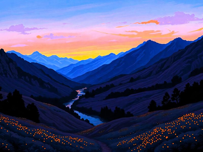 Fluss bei Berghügel am Sonnenuntergangs Abend von A.D. Digital ART