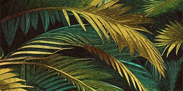 Vintage palm leaves in gold and turquoise by Anna Marie de Klerk
