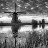 Windmühlen in Holland. Schwarzweiss Bild. von Manfred Voss, Schwarz-weiss Fotografie