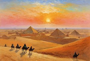 Complexe de la pyramide de Gizeh avec coucher de soleil et paysage de chameliers