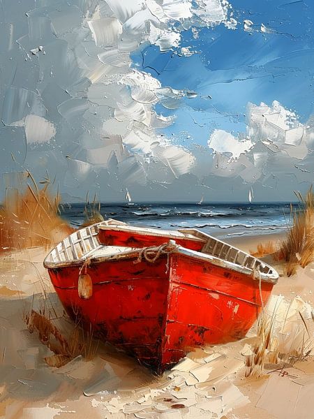 Red boat on the beach by ARTemberaubend