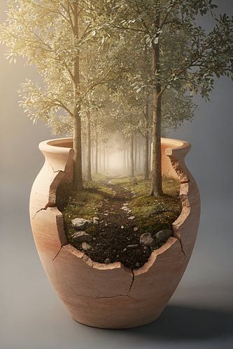 Boslandschap in aardewerken vaas – gebroken vaas met bos en wandelpad
