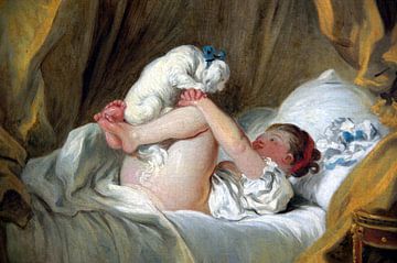 Junges Mädchen im Bett lässt ihr Hündchen tanzen, Jean-Honoré Fragonard