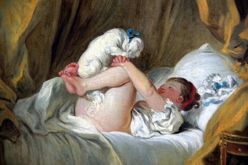 Junges Mädchen im Bett lässt ihr Hündchen tanzen, Jean-Honoré Fragonard von 1000 Schilderijen