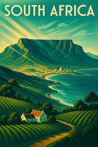 Zuid-Afrika Art Deco Poster - Tafelberg en kustwijngaarden