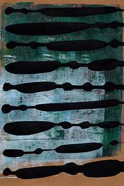 Moderne abstrakte geometrische Collage im 70er-Jahre-Retro-Stil in Grün, Terrakotta, Erdtönen und Schwarz. von Dina Dankers