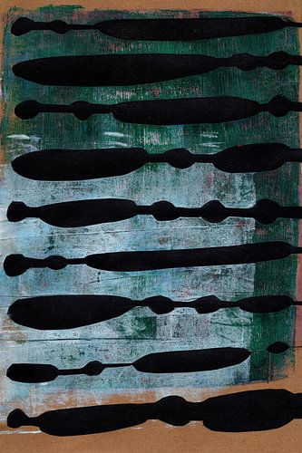 Moderne abstracte geometrische collage in jaren 70 retrostijl in groen, terracotta, aardetinten en zwart.