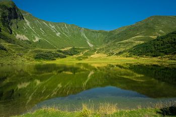 Lac de montagne dans un miroir — Tranquillité alpine verdoyante