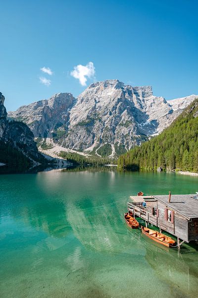 Prager Wildsee in the Dolomites with the floor and the footbridge by Leo Schindzielorz