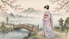 Geisha unter Blüten neben einem Bergsee von my pixel art