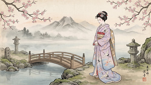Geisha Beneath Blossoms Beside Mountain Lake