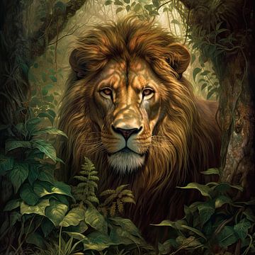 Jungle Majesté : Un design époustouflant d'un lion dans la jungle.