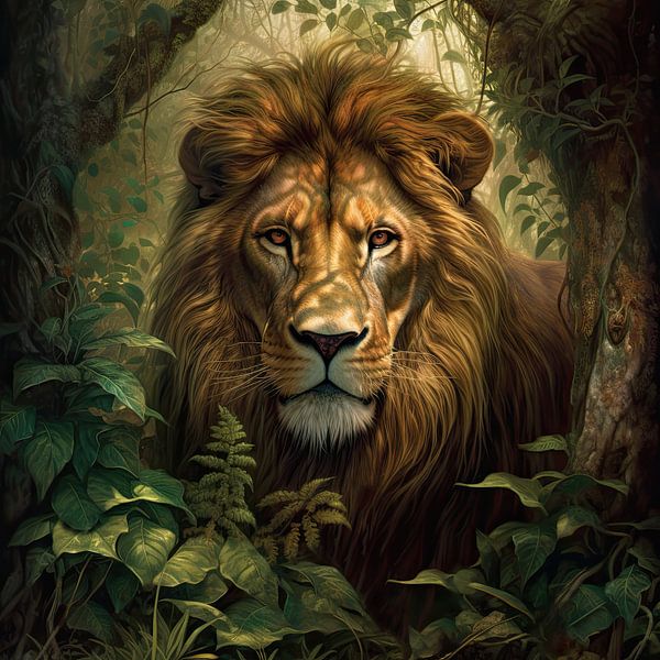 Jungle-Majestät: Ein atemberaubendes Design eines Löwen im Dschungel von New Visuals