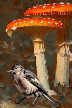 Un gentil petit oiseau sous deux champignons magiques sur Studio Mirabelle