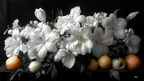 zwart wit stilleven van bloemen en fruit in een extreem dramatisch licht