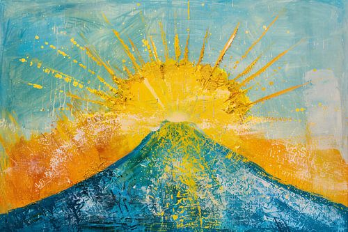 Peinture abstraite d'un volcan avec des rayons de soleil