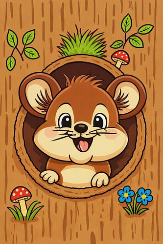 La petite souris joyeuse dans le creux de l'arbre. sur Jose Lok