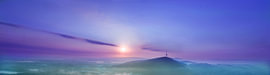 Sunrise over a mist-shrouded valley in shades of violet and turquoise, panoramic view by Laura Georgi Tier- und Ladschaftsfotografie