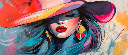 Élégance colorée avec chapeau large et rouge à lèvres
