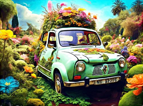 Renault surréaliste dans une mer de fleurs