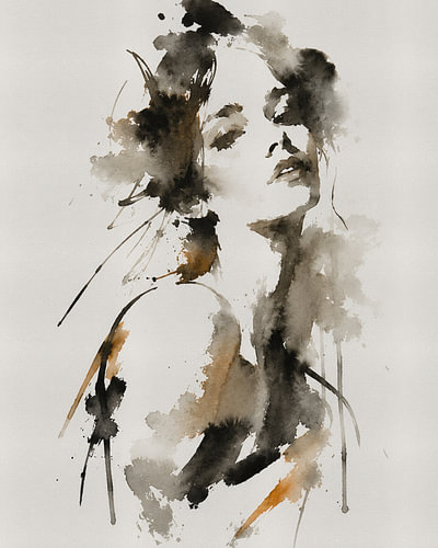 Ink Muse XI | Portrait abstrait d'une femme à l'encre de Chine et à l'aquarelle sur MadameRuiz