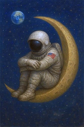 Astronaut zit eenzaam op de maan.