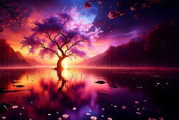 Bloeiende kersen boom met een mooie zonsopkomst aan het meer van Eye on You
