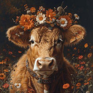 Hoogland koe met bloemenkroon - Charmant kunstwerk voor natuurliefhebbers van Poster Art Shop