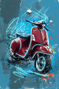 Neon Cyberpunk Red Vintage Scooter Artwork