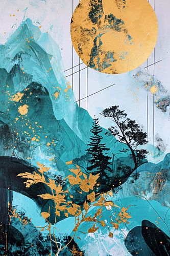 Turquoise mountain landscape with golden sun