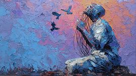Surrealistisch abstract figuur dat glazen vogels voedt terwijl het draden uit zijn borst trekt – Emotioneel expressionistisch schilderij van Aden Pink Studio