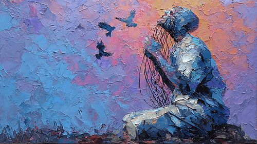 Peinture expressionniste émouvante représentant une figure abstraite surréaliste nourrissant des oiseaux de verre tout en tirant des fils de sa poitrine
