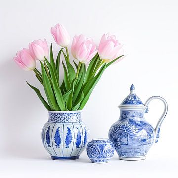 Nature morte de tulipes rose tendre dans un vase bleu de Delft sur Vlindertuin Art