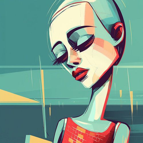 Vrouw met wit gezicht en blauw haar