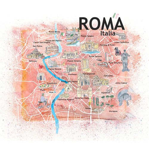 Carte illustrée de Rome Italie avec points de repère, rues principales et points forts
